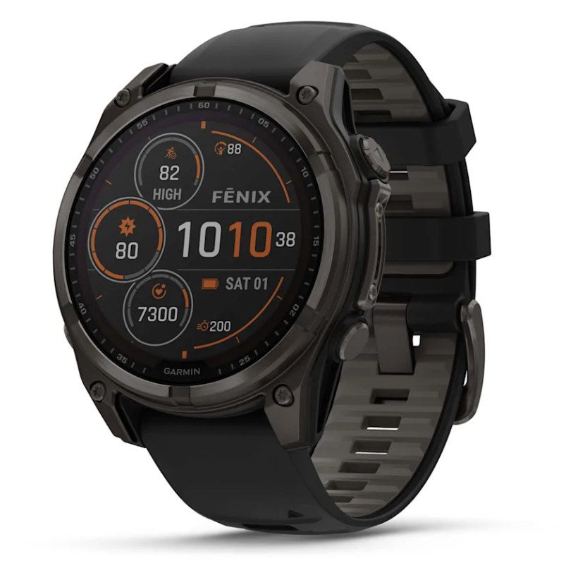 Garmin Fenix 8 47 mm, Solar, Sapphire, Carbon DLC Titanium with Black/Pebble Gray Silicone Band - Garmin
