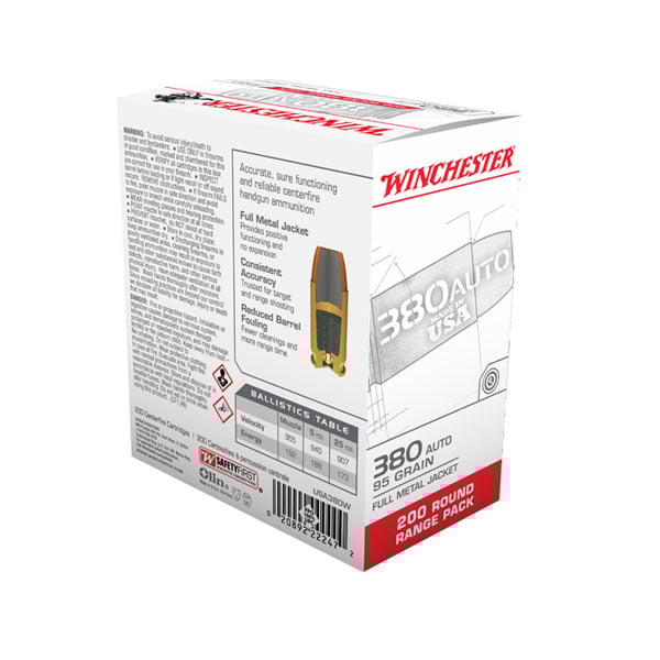 Winchester USA 380 Auto/ACP 95gr FMJ Ammunition, 200 Round Box - USA380W - Winchester