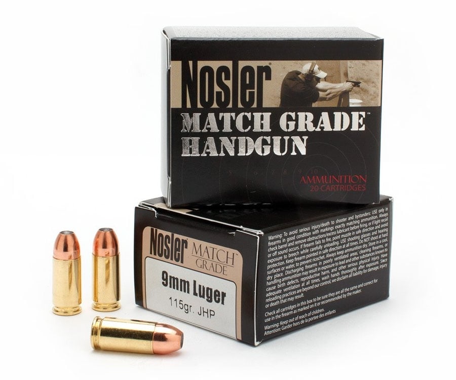 Nosler Match Grade 9mm Luger 115 grain JHP Handgun Ammo, 20/Box - 51285 - Nosler