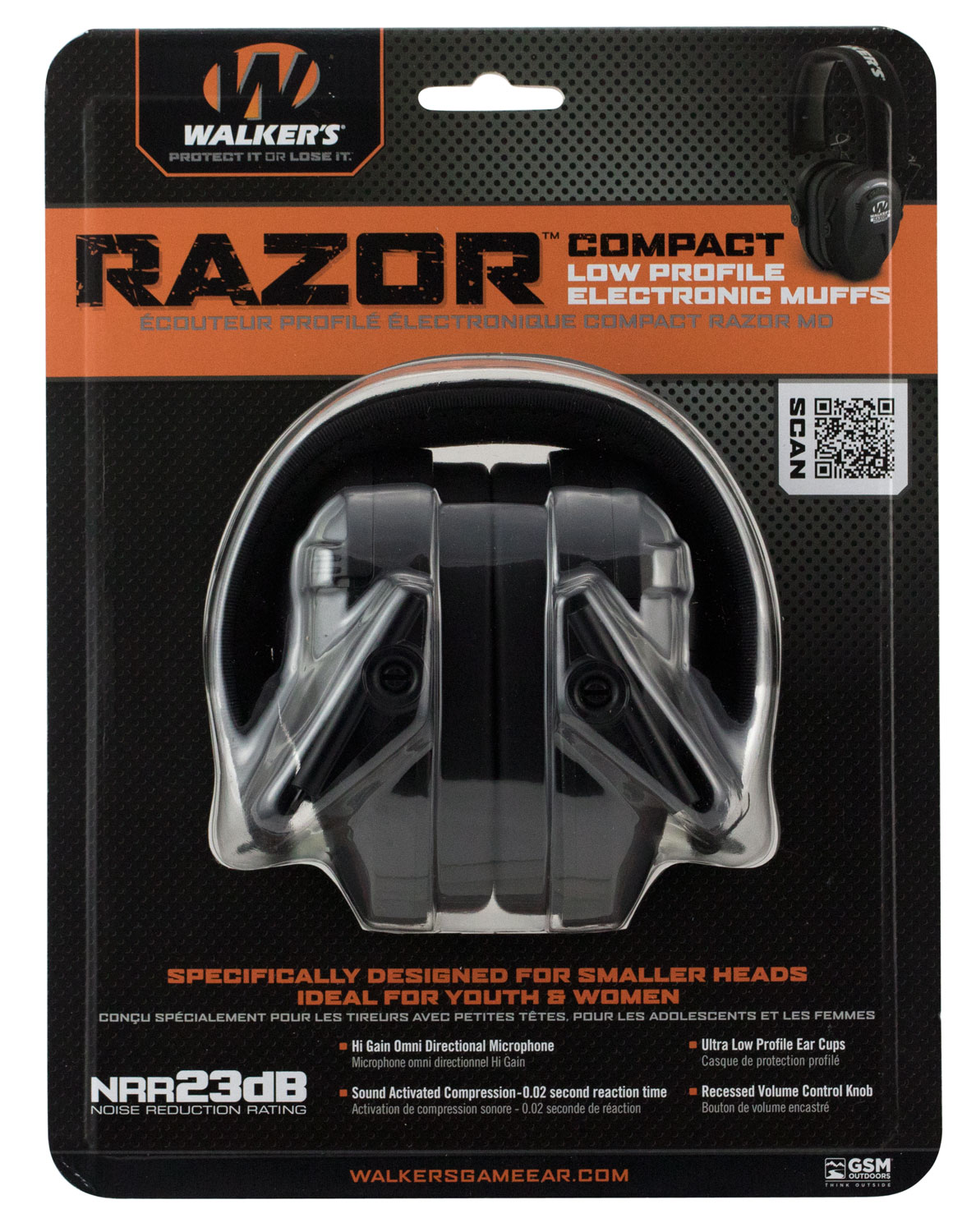 Walkers Game Ear Razor 23 dB Compact Electronic Earmuff, Black - GWPCRSEM - Walkers Game Ear