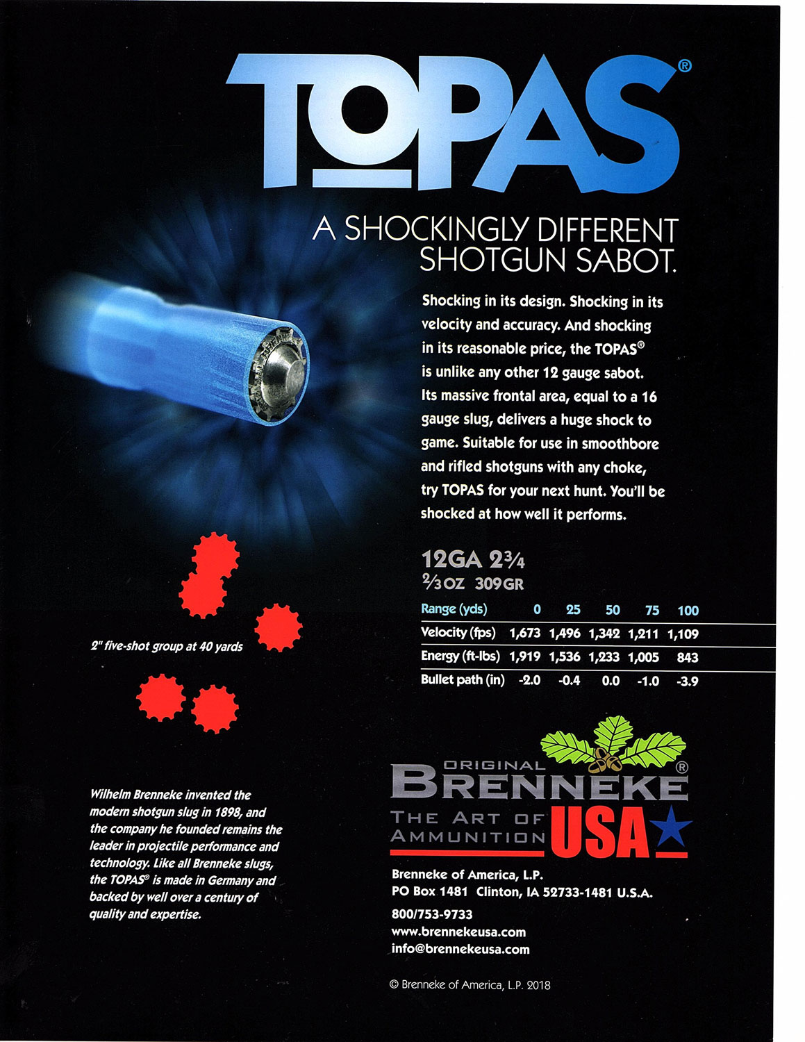 Brenneke USA TOPAS 12 Gauge 2.75" Shotgun Sabot Slug, 5/box - SL-122TOP - Brenneke Usa