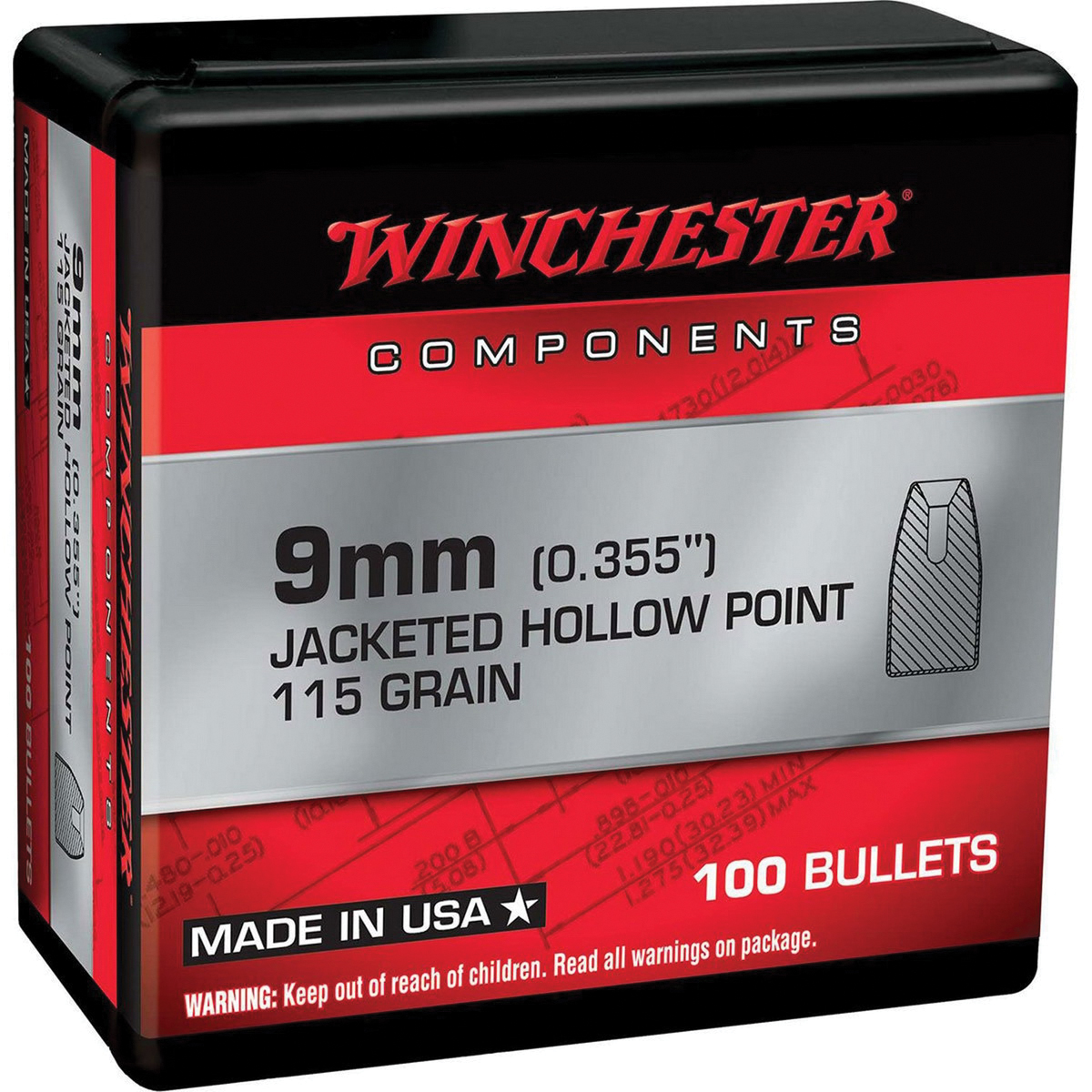 Winchester Winchester 9mm JHP Pistol Bullet, 115 gr 0.355" 100rds