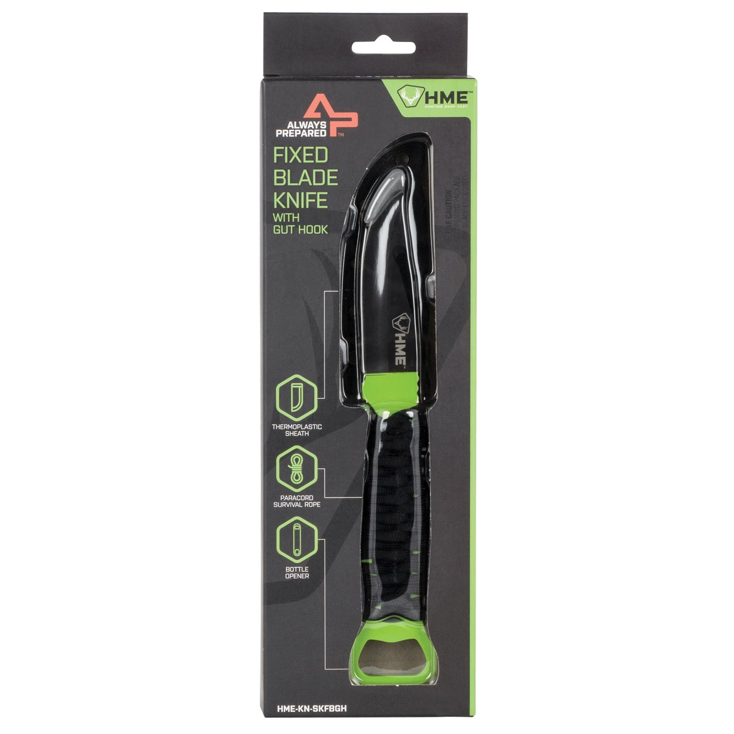 HME Skeleton Fixed Blade Knife, Gut Hook, Black/Green - HME-KN-SKFBGH - Hme