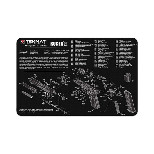 TekMat Ruger SR 9 Rubber Cleaning Mat 11" x 0.13" - Black/White - TEKR17RUGERSR9 - Tekmat