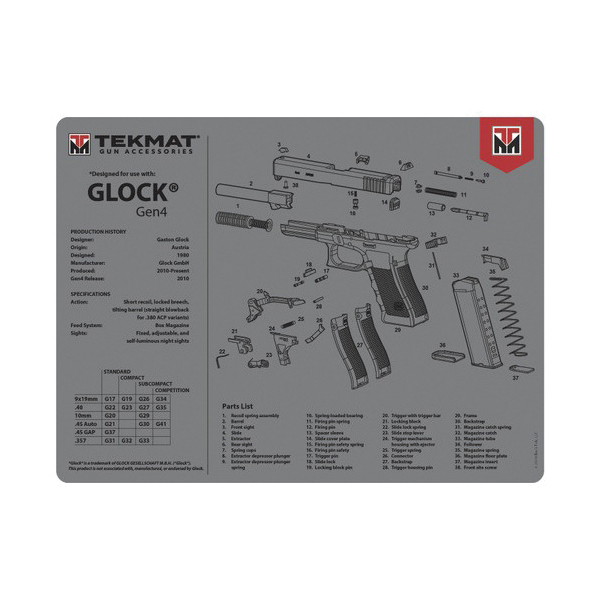 TekMat Glock Gen 4 Rubber Cleaning Mat 15" x 0.25", Gray - TEKR20GLOCKG4GY - Tekmat