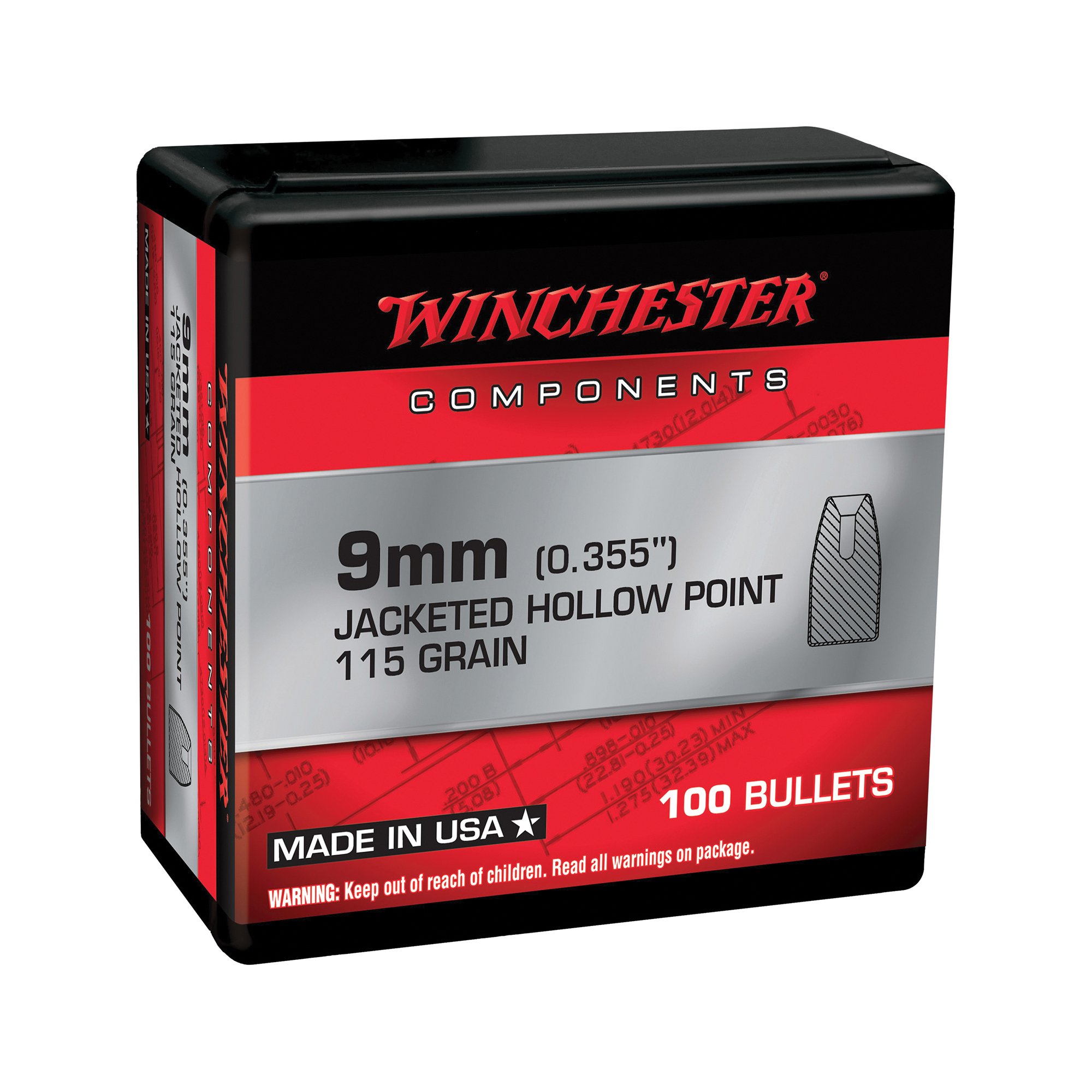 Winchester Ammunition 9mm 115 gr Reloading Bullets  HP 100rds - WB9JHP115X - Winchester