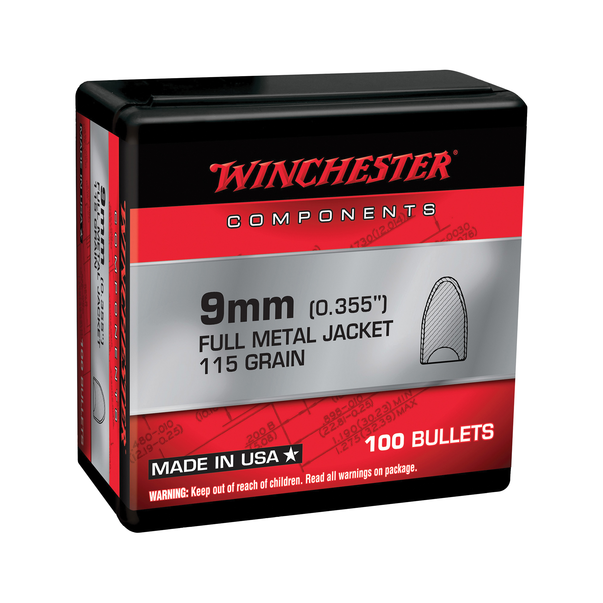 Winchester Ammunition 9mm 115 gr Reloading Bullets  FMJFB 100rds - WB9MC115X - Winchester