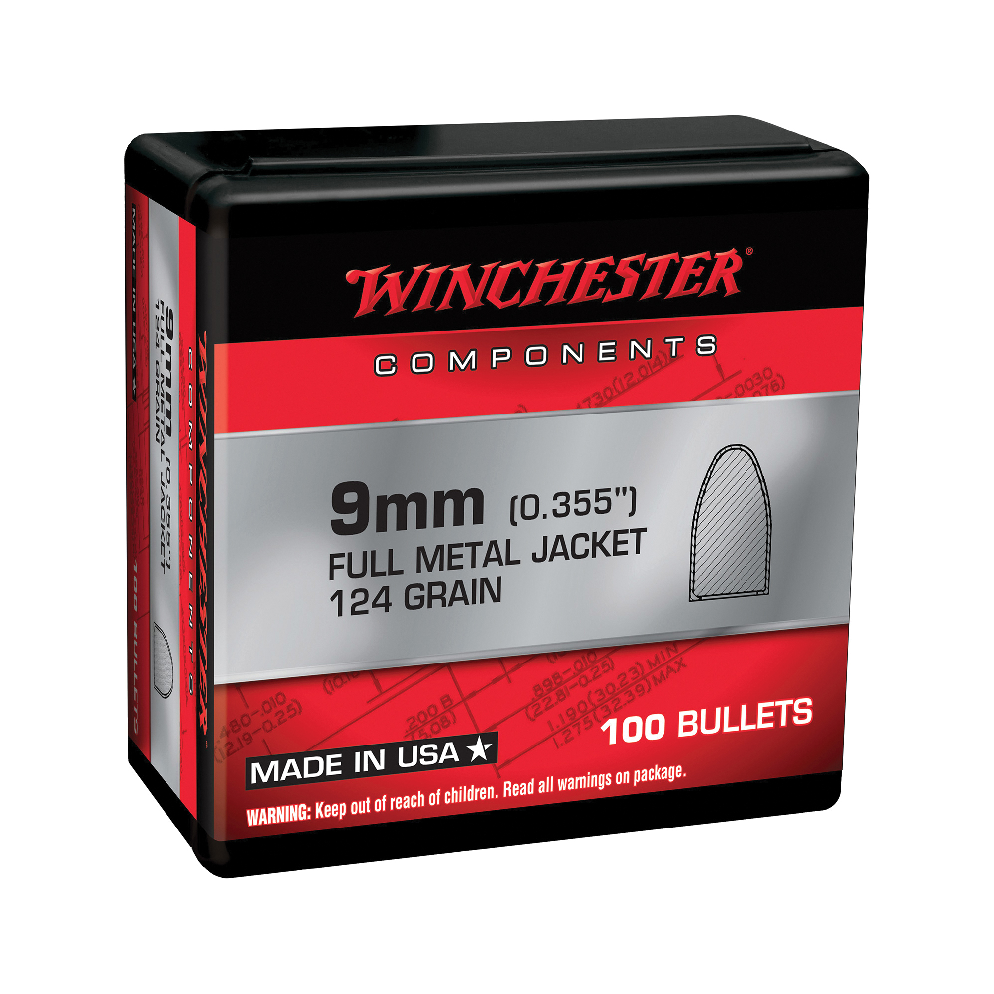Winchester Ammunition 9mm 124 gr Reloading Bullets  FMJ 100rds - WB9MC124X - Winchester