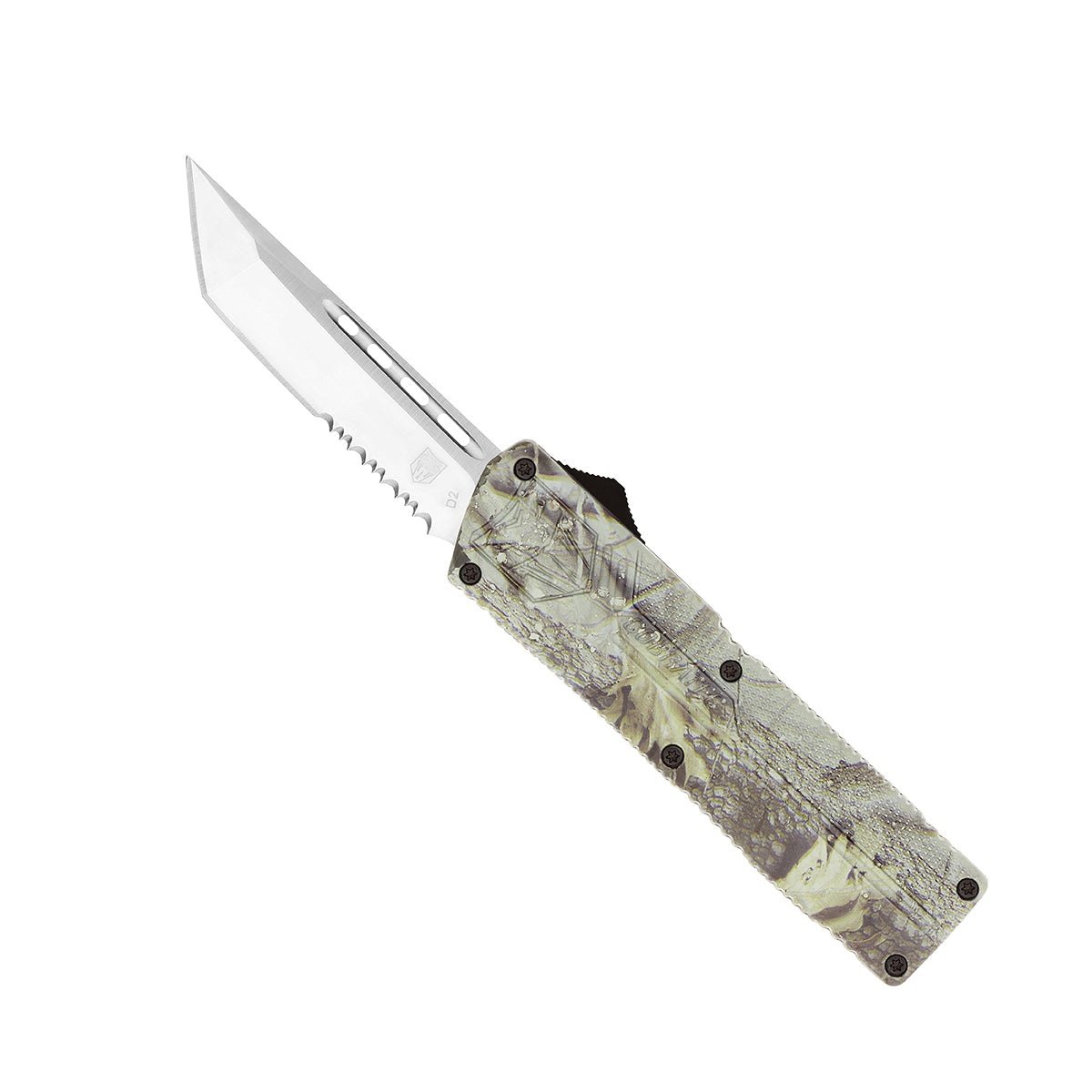 CobraTec Knives Lightweight OTF Knife Tanto Serrated, Woodland Camo - WDCTLWTS