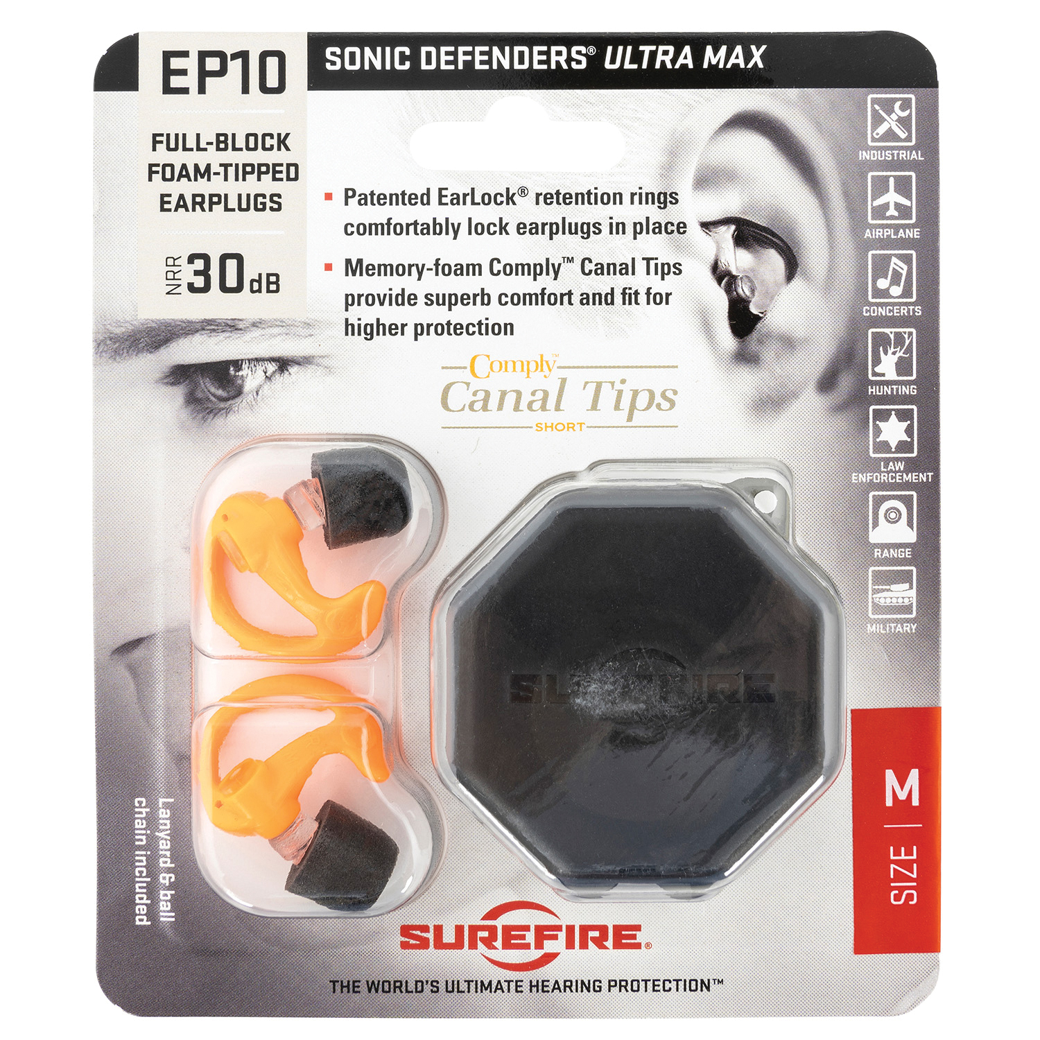 Surefire EP10 Sonic Defenders Ultra Max Polymer Full-Block Earplug Medium/Adult/30 dB - EP10ORMPR - Surefire