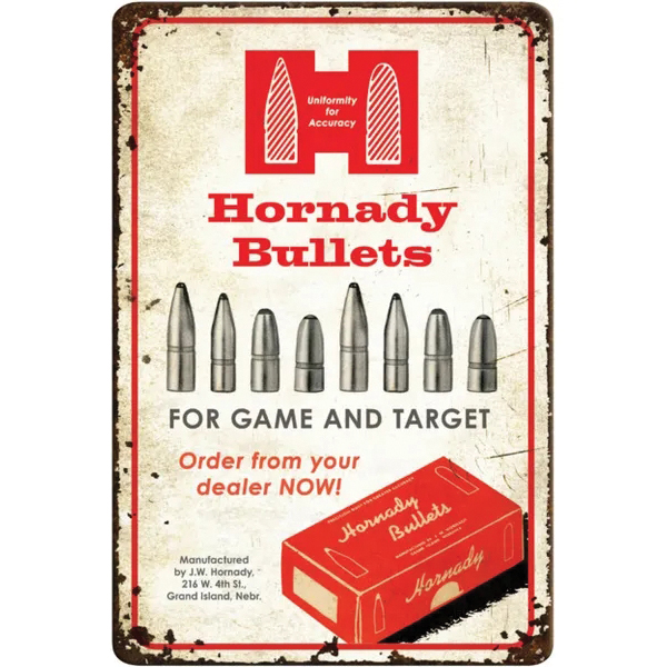 Hornady Rustic Aluminum Bullet Tin Sign 12" x 18", Red/White - 99145 - Hornady