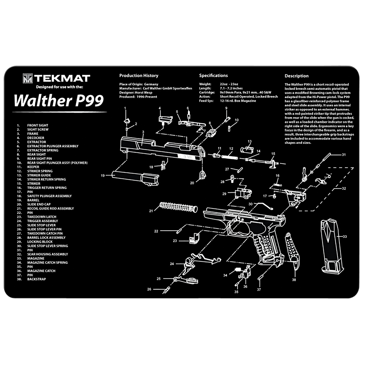 TEKMAT 17" x 11" x 0.13" Gun Cleaning Mat, Black - Tekmat