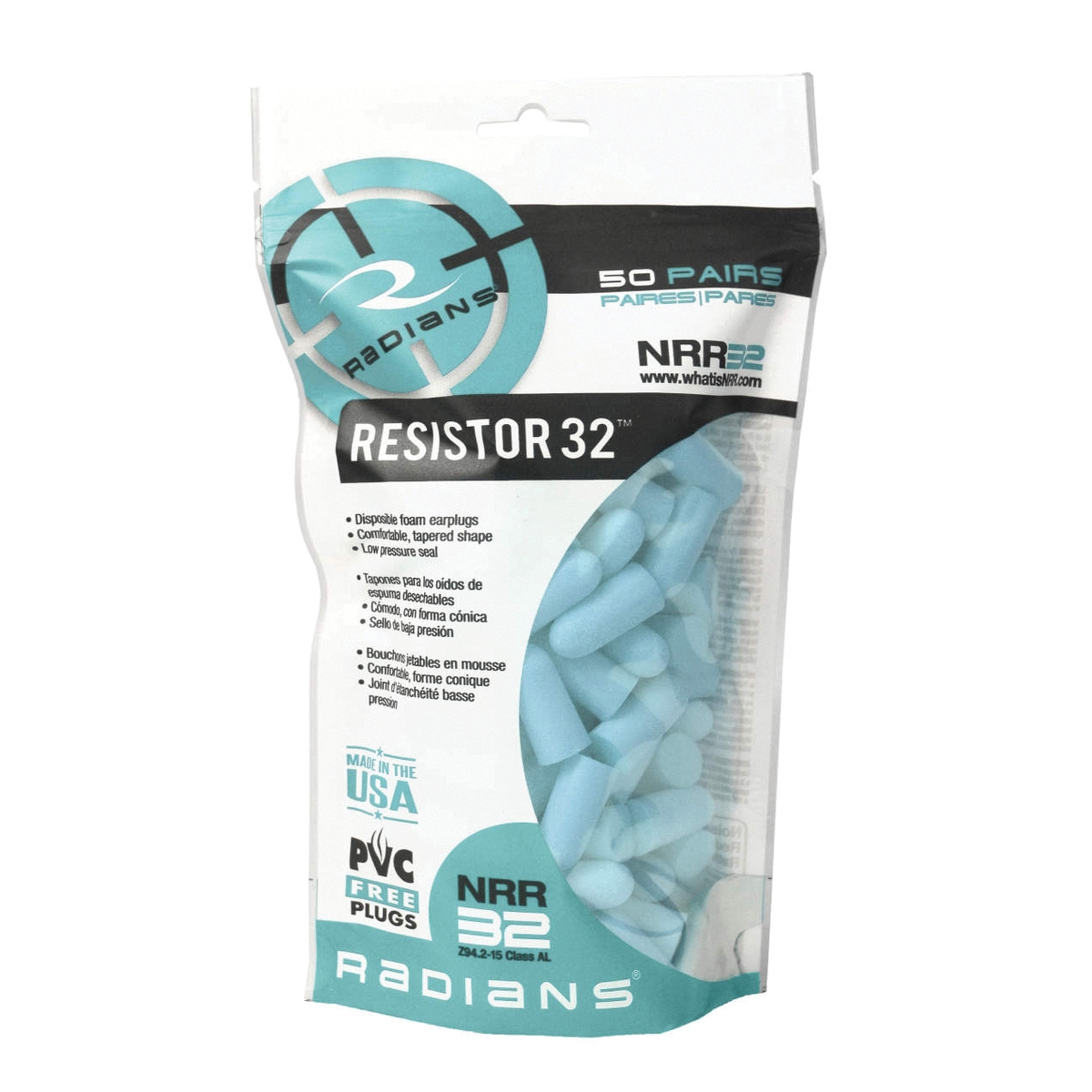 Radians Resistor 32 dB Uncorded Disposable Foam Earplugs, Aqua - Radians