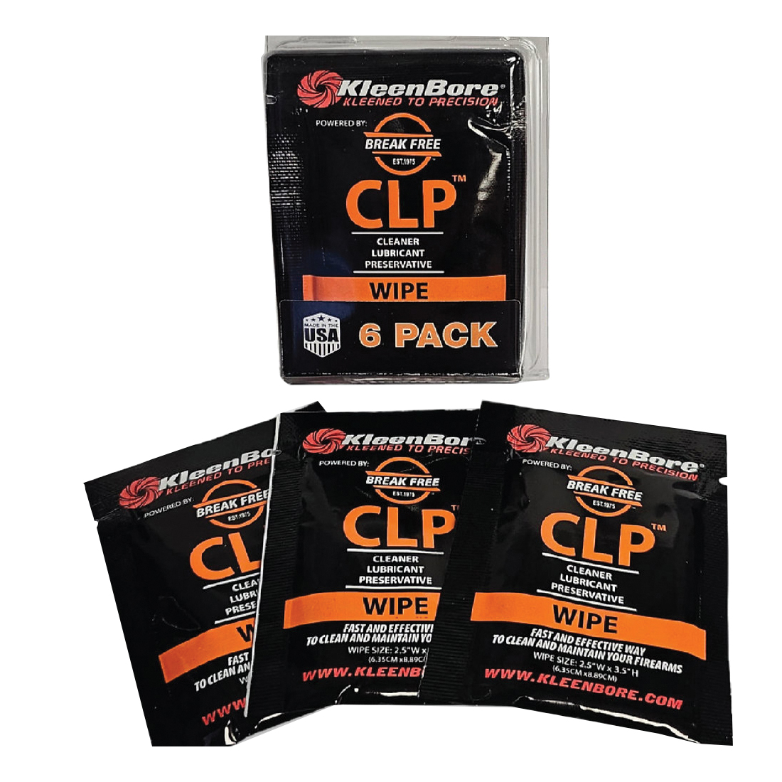 KleenBore Breakfree 5" x 7.75" CLP Wipes, Pack of 6