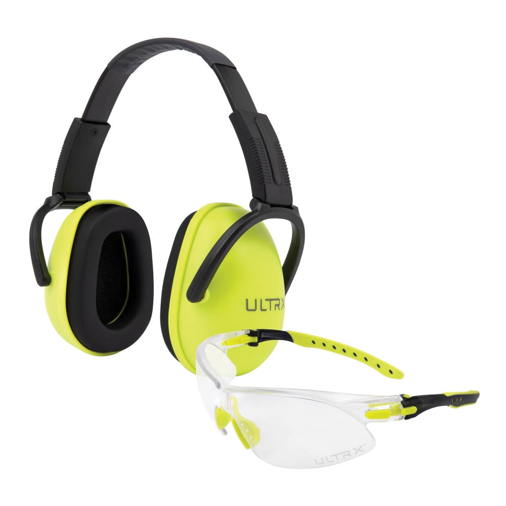 ULTRX 25 dB Sound Blocker Youth Ear and Eye Protection Combo, Clear/Lime - Ultrx
