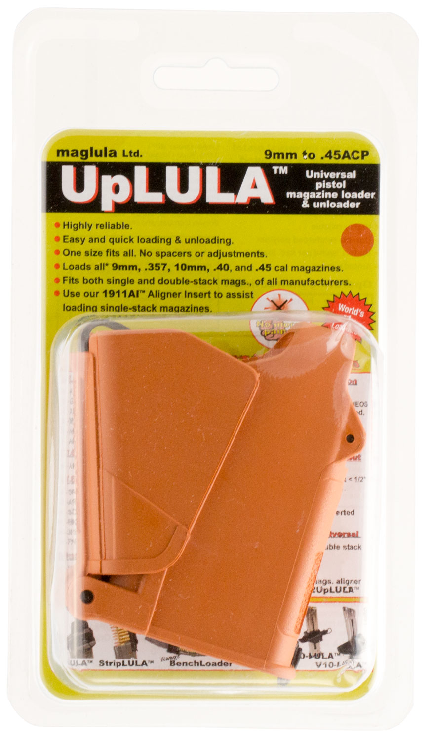 Maglula UpLULA 9mm to .45 ACP Universal Pistol Magazine Loader, Brown/Orange - UP60BO - Maglula
