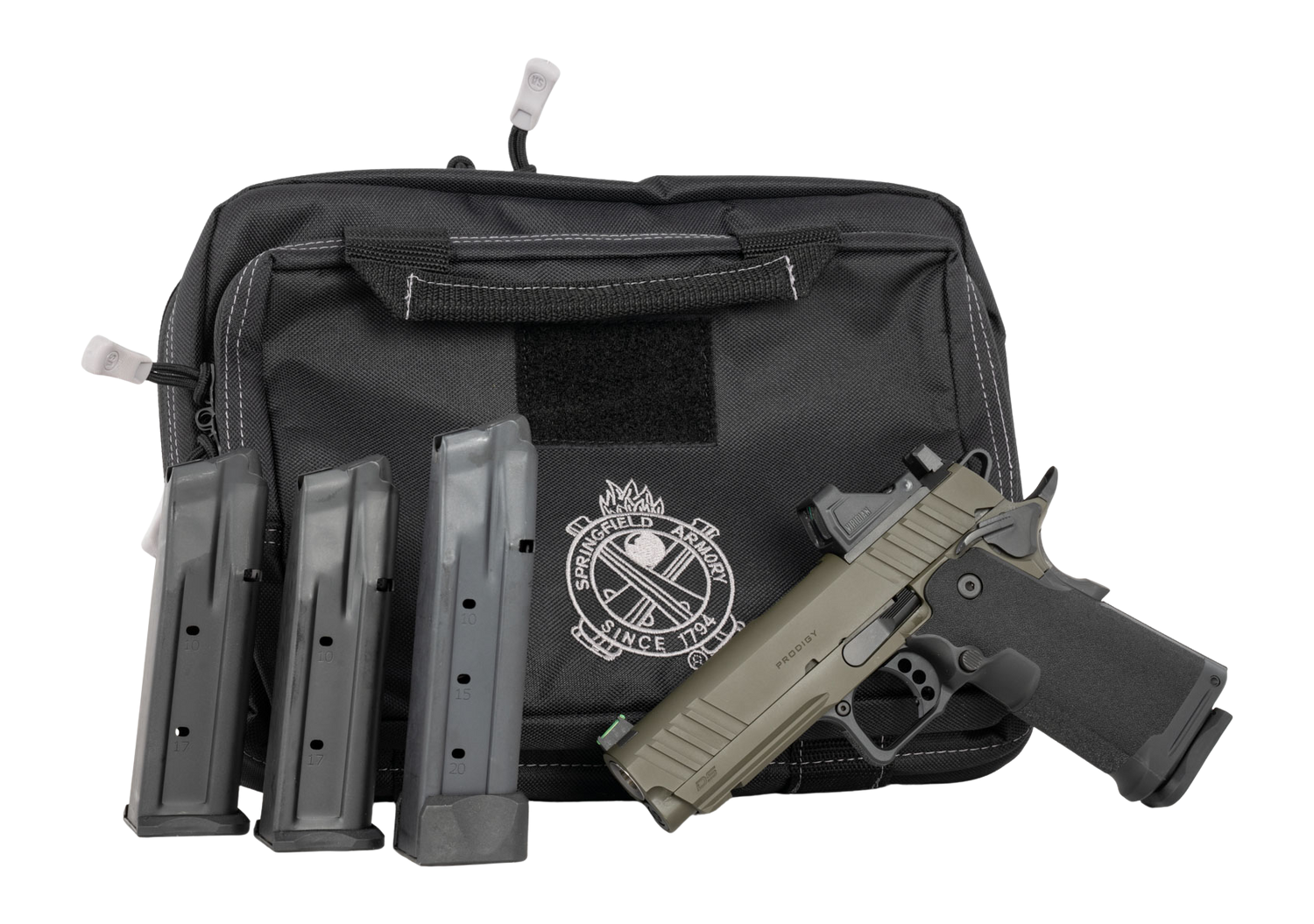 Springfield Armory Springfield Prodigy Double Stack 1911 Bundle 4.25" 9mm (3)17rd/ (1)20rd Pistol, ODG/Black w/ Viridian RFX11 Green Dot Optic and Bag - PH9117AOSBG-PAC