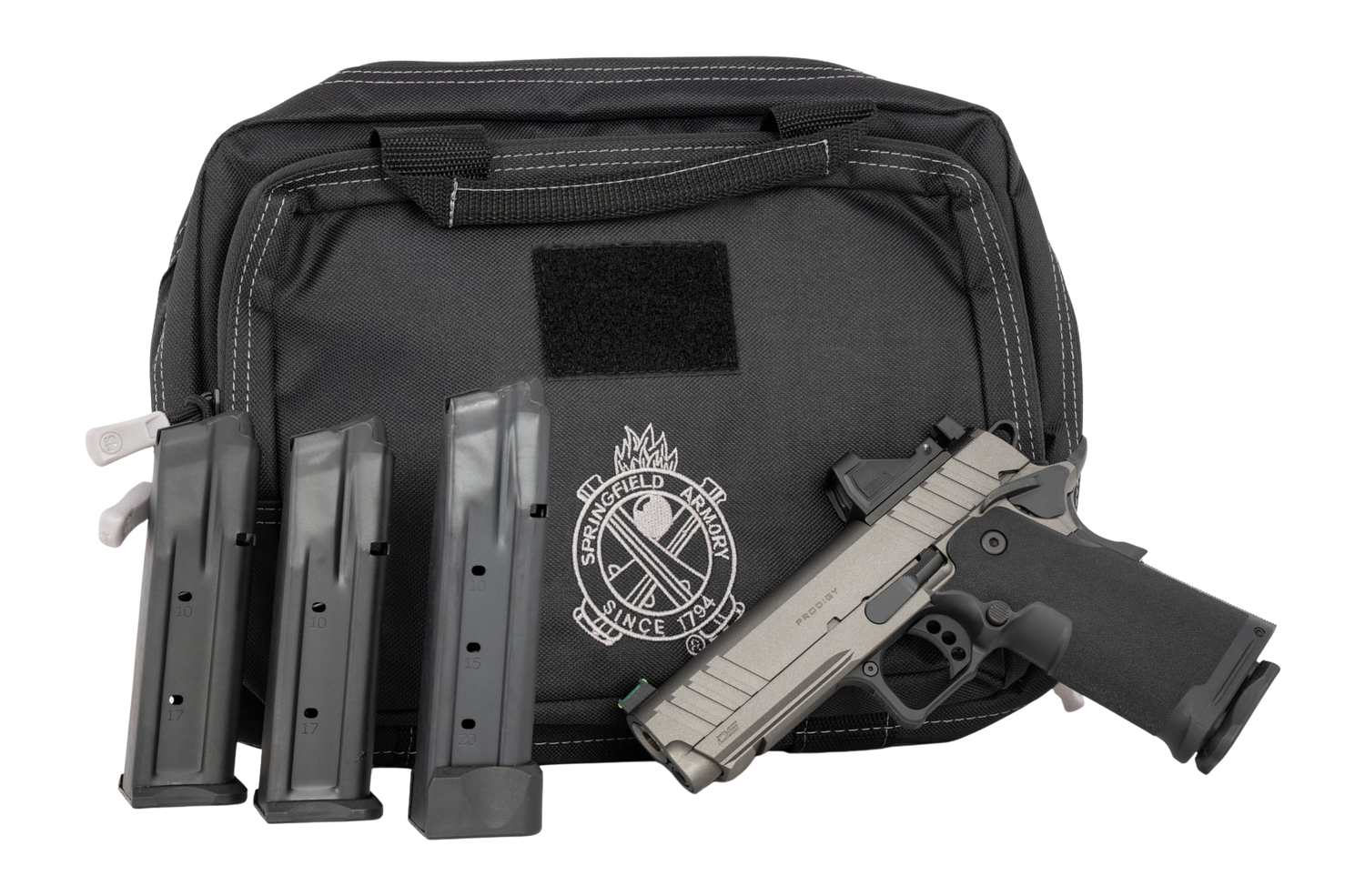 Springfield Armory Springfield Prodigy Double Stack 1911 Bundle 4.25" 9mm (3)17rd/ (1)20rd Pistol, Tung/Black w/ Viridian RFX11 Green Dot Optic and Bag - PH9117AOSBT-PAC