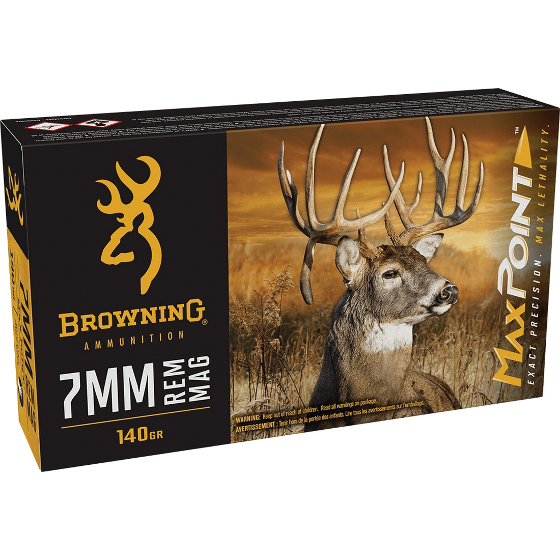 Browning Ammunition Max Point 7mm Remington Magnum 140 gr PT 20rds Rifle Ammo for Superior Long-Range Accuracy - B192100072 - Browning