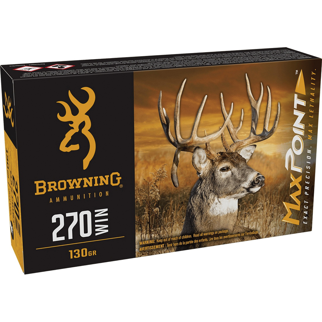 Browning Ammunition Max Point .270 Winchester 130 gr PT 20rds Rifle Ammo for Precision and Reliability - B192102702 - Browning