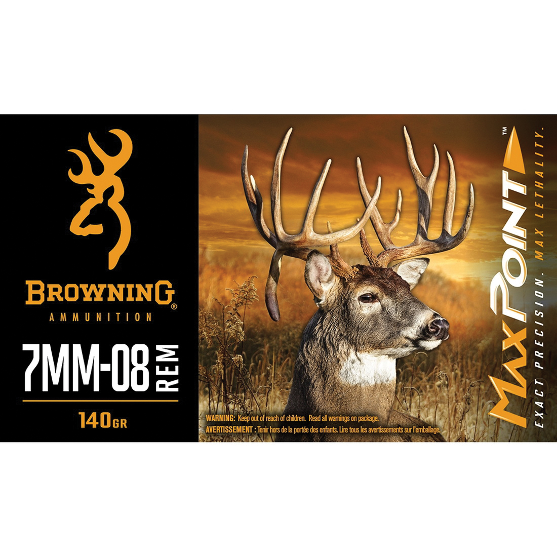 Browning Ammunition Max Point 7mm-08 Remington 140 gr PT 20rds Rifle Ammo for Precision and Performance - B192107082 - Browning