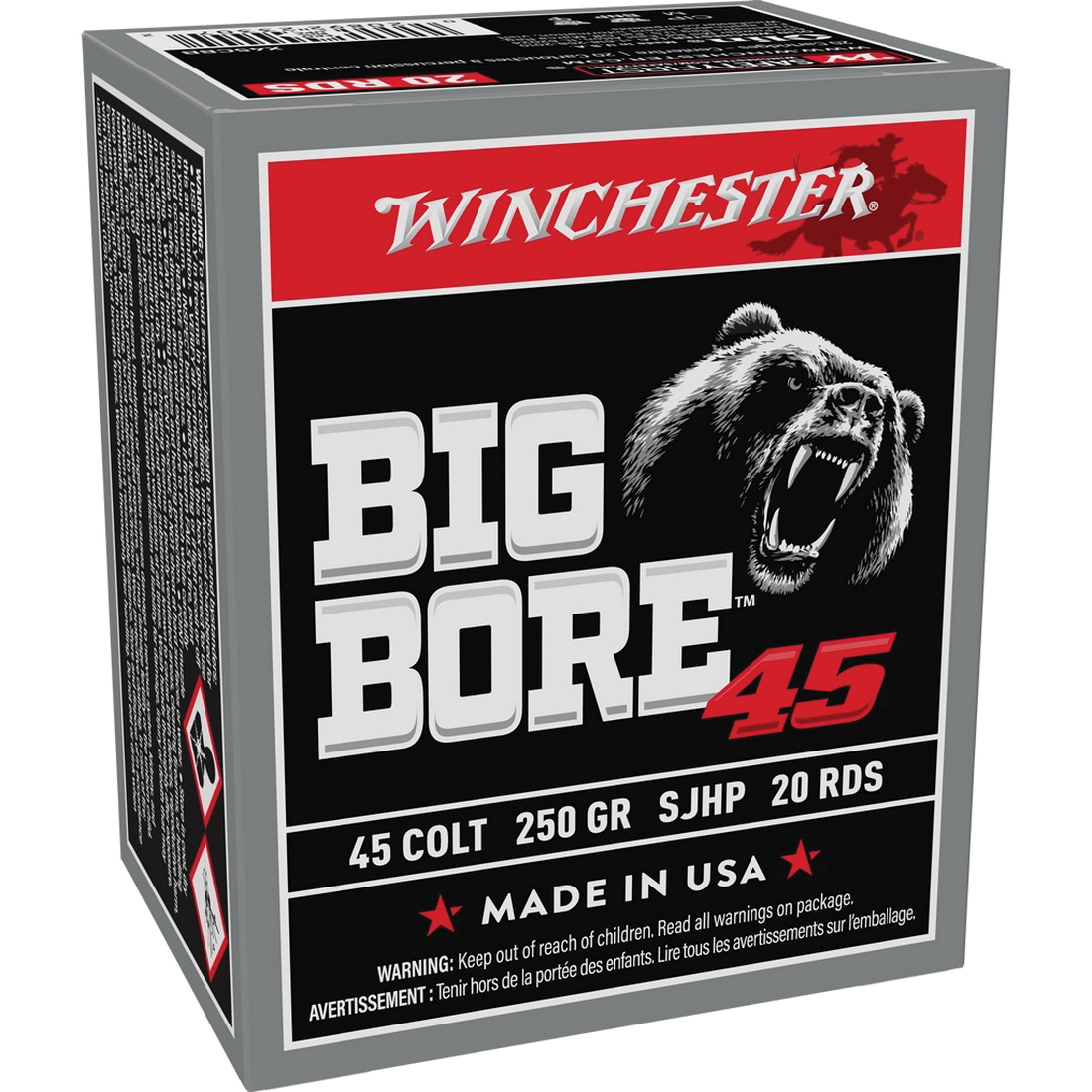 Winchester Ammunition Big Bore .45 Colt 250 gr SJHP 20rds Handgun Ammo for Superior Knockdown Force - X45CBB - Winchester