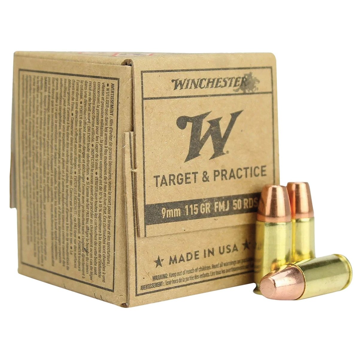 Winchester Ammunition Target and Practice 9mm 115 gr FMJ 50rds Handgun Ammo for Accurate Target Shooting - SG9W50 - Winchester
