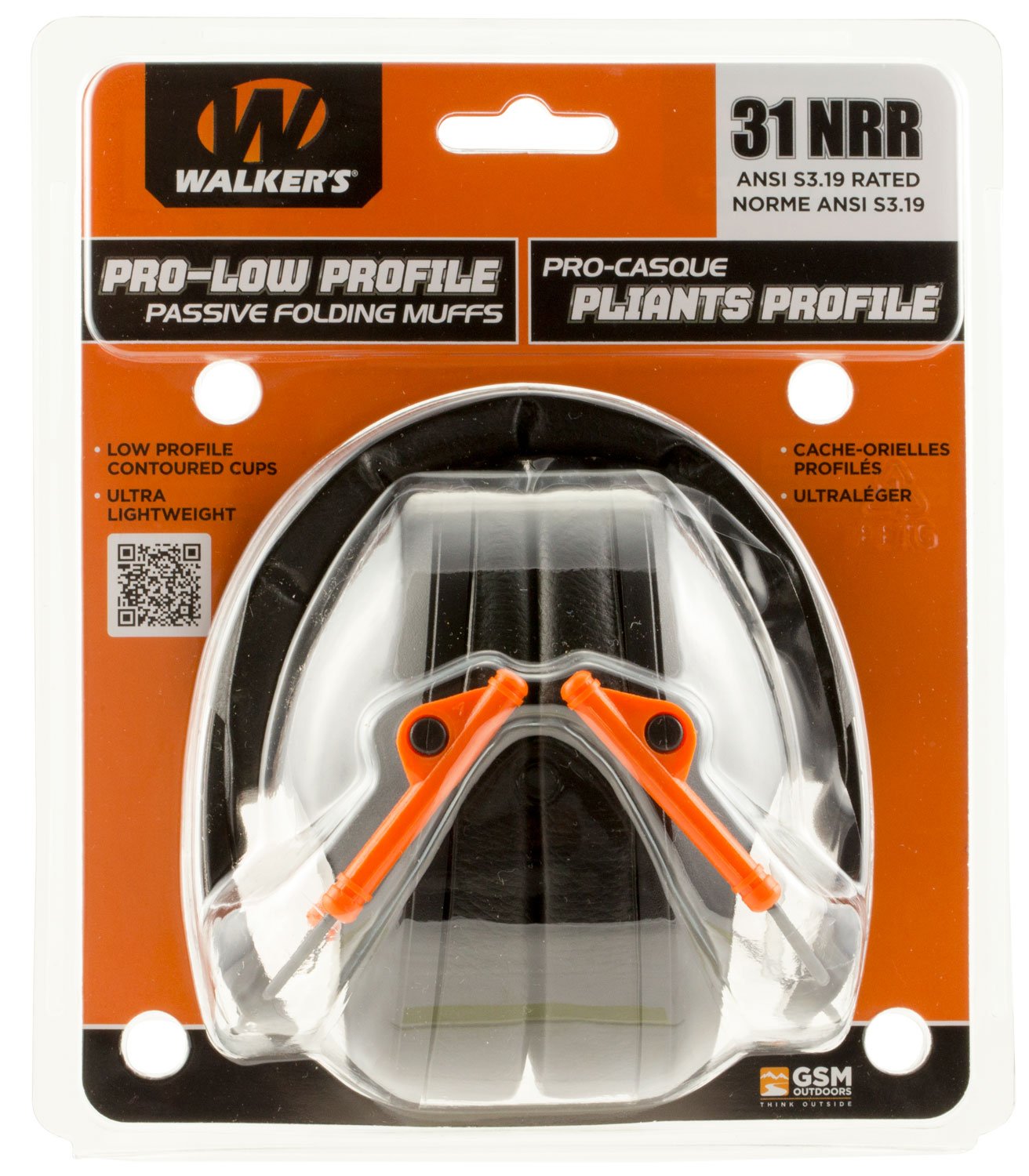 Walkers Game Ear 22 dB Pro Low Profile Over the Head Folding Muff, Orange/Black - GWPFPM1BKO - Walkers Game Ear