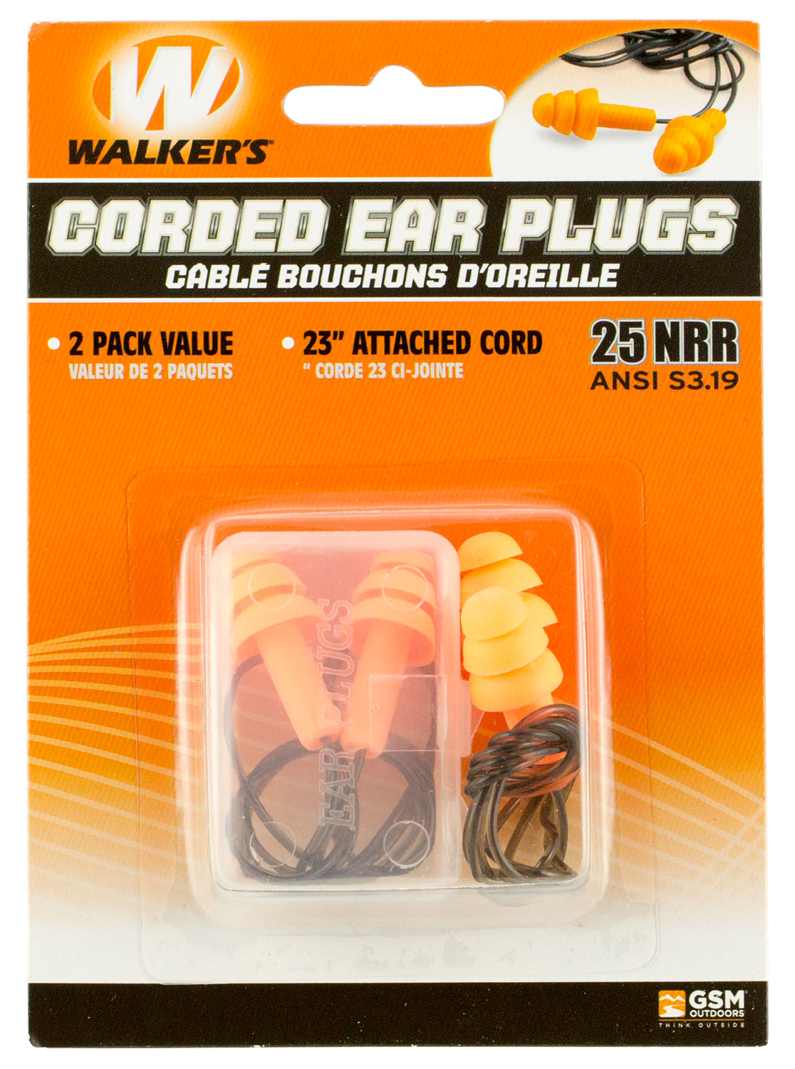Walkers Game Ear 25 dB Corded Ear Plug, Orange, 2/pack - GWPEPCORD2PK - Walkers Game Ear