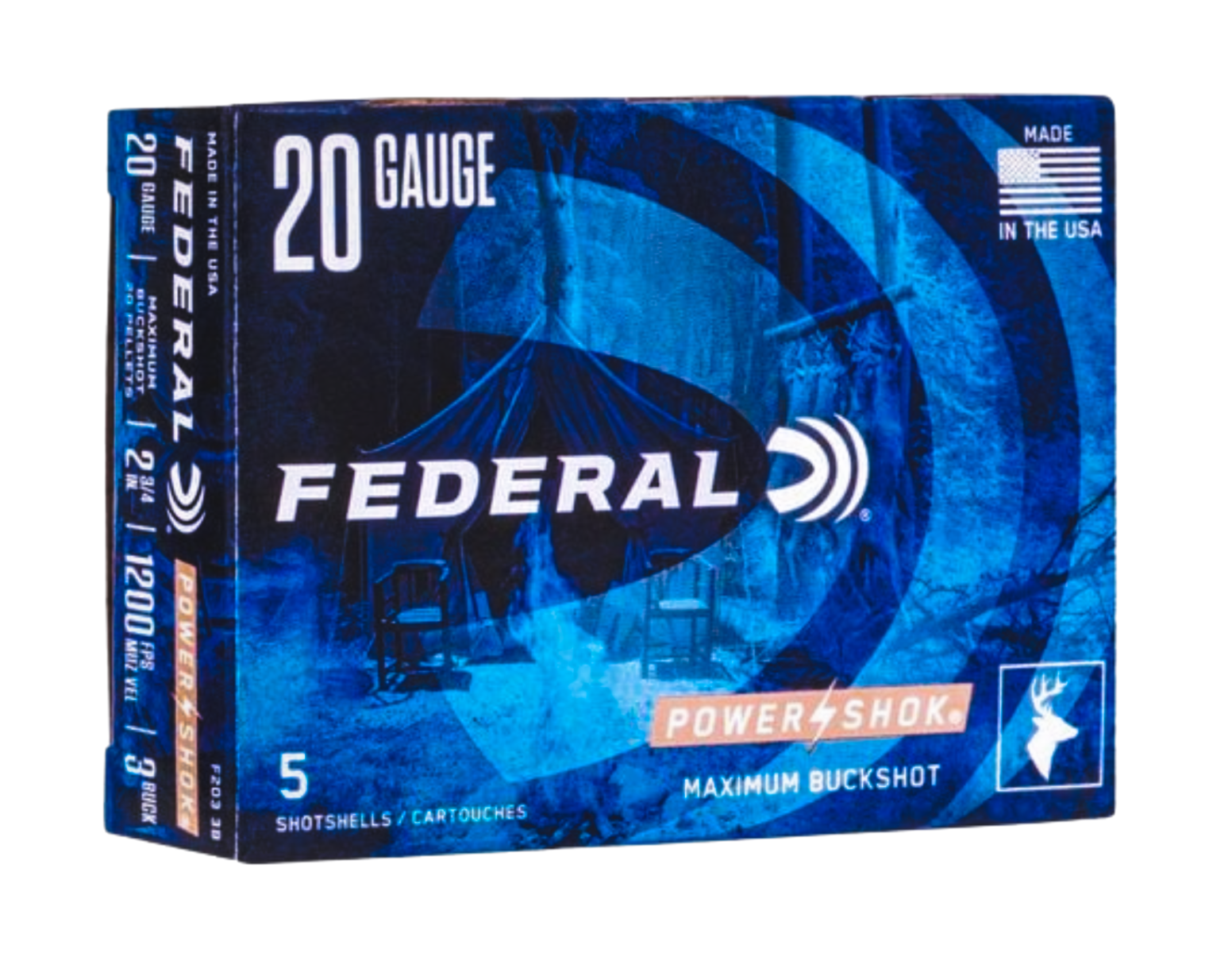 Federal Power-Shok 20ga 2.75" # 3 Buck Shotshell Ammunition, 5rds - F203 3B - Federal
