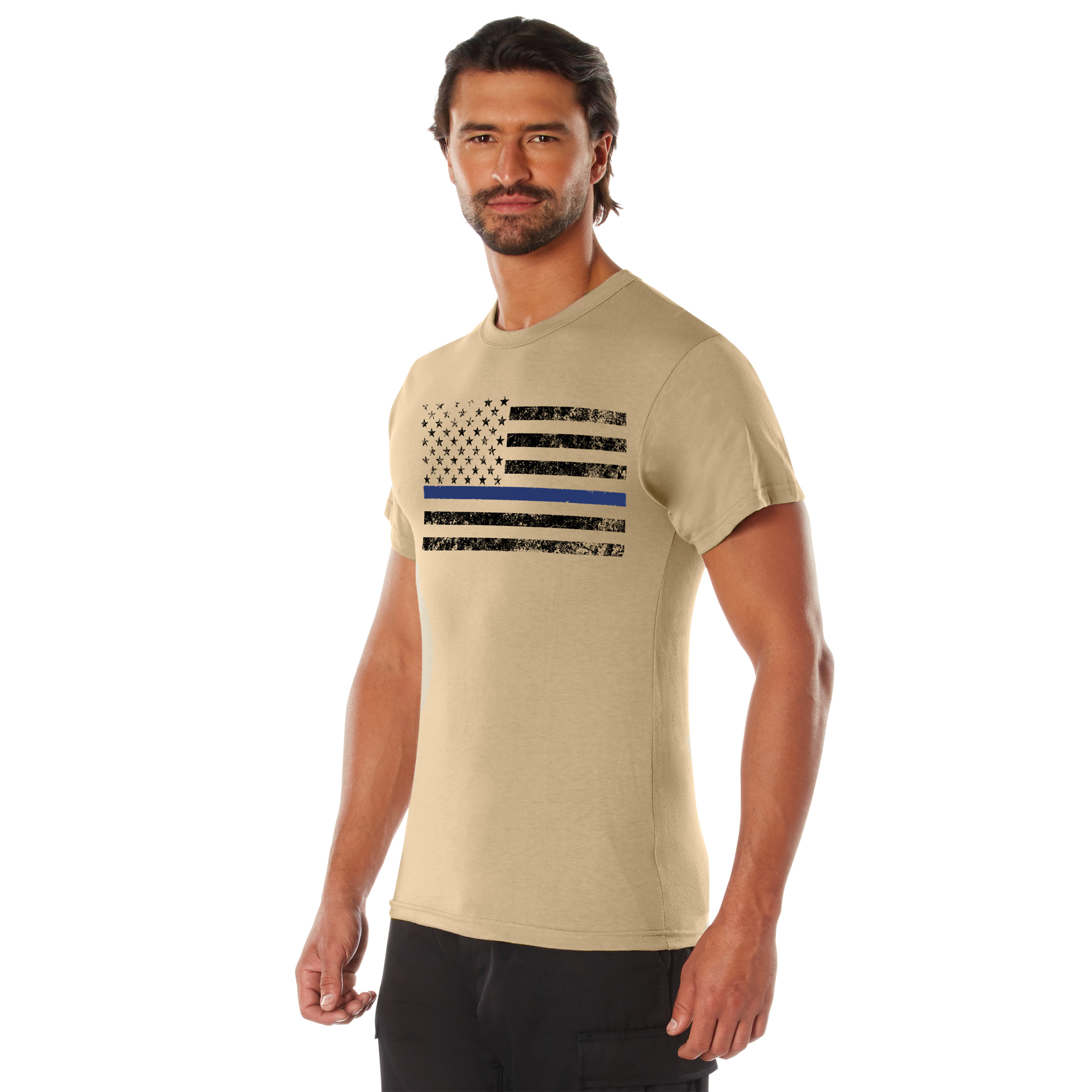 Rothco Rothco Thin Blue Line T-Shirt - Desert Sand W- Black Flag, Medium