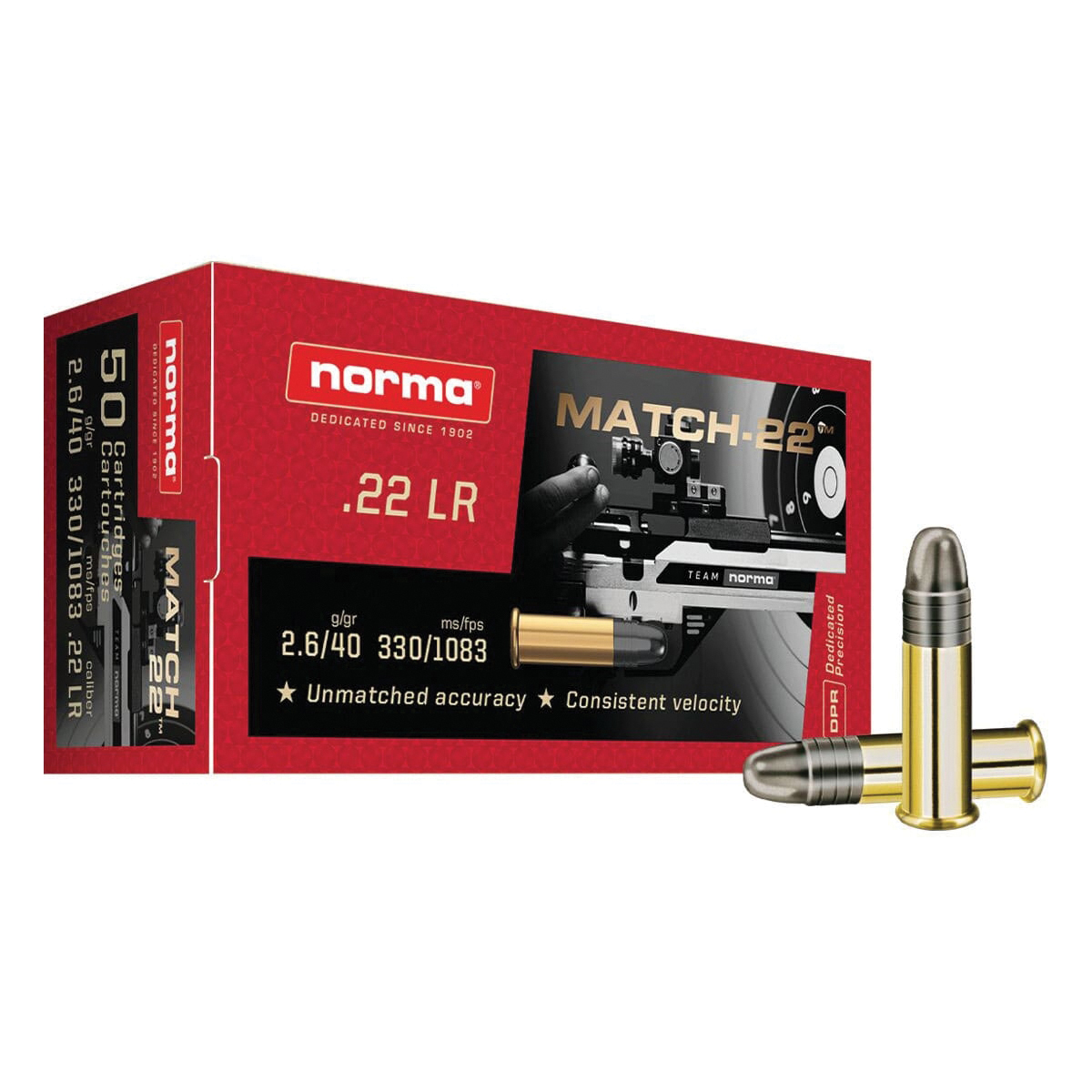 Norma Match-22 .22LR 40 gr LRN 50rds Rimfire Ammo for Precision Target Shooting - 2425076 - Norma