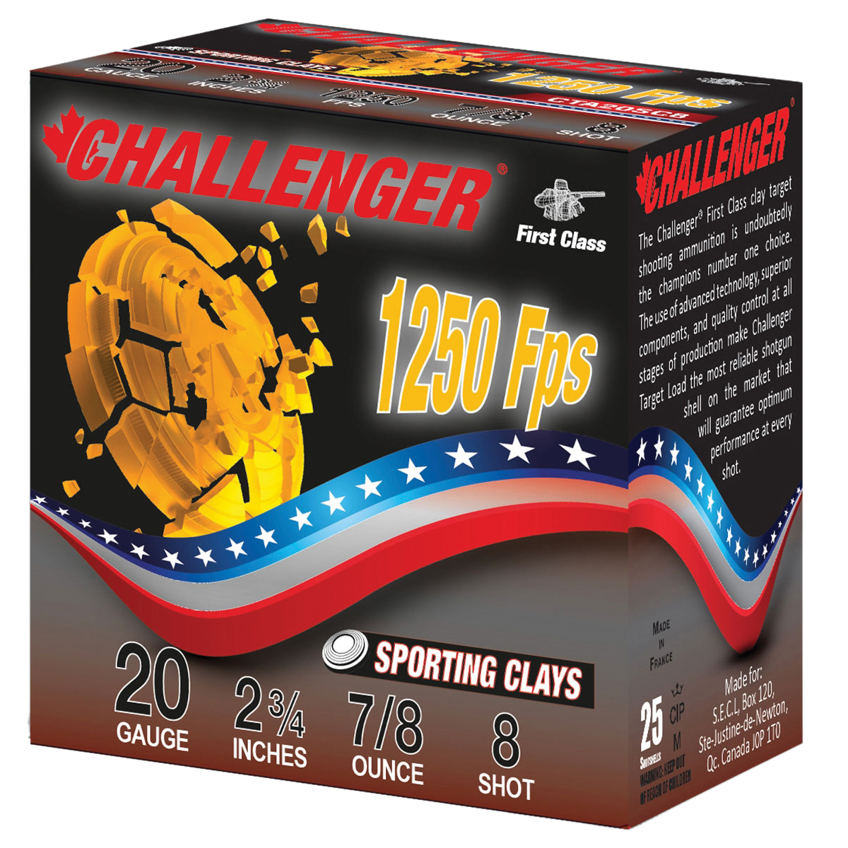 Challenger First Class Sporting Clay 20 Gauge 2-3/4" #8 7/8 Ounce 250rds Case - Challenger