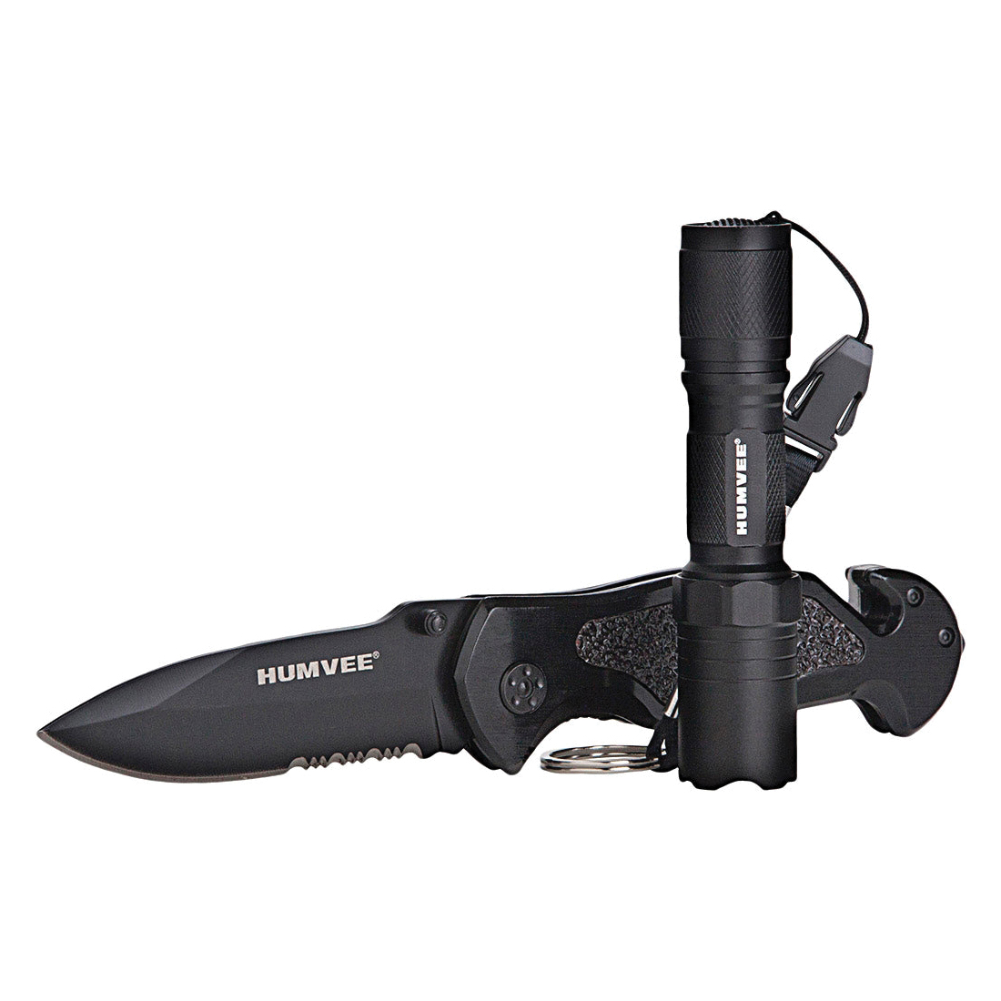 Camp Co Humvee Emergency Rescue Knife and Tactical LED Flashlight Spear Point, Black - Camp Co
