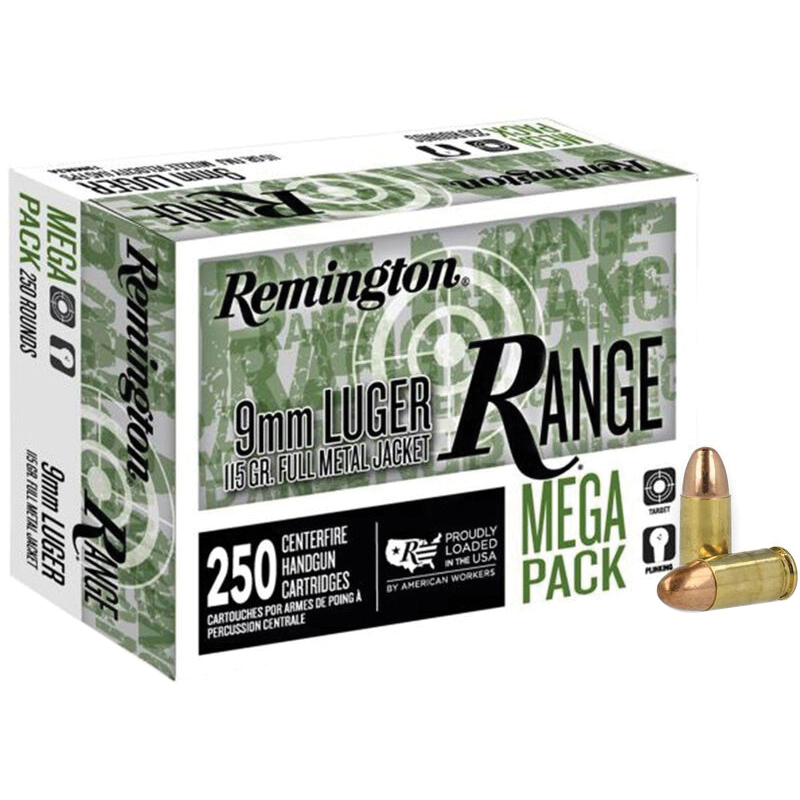 Remington Range 9mm 115 gr FMJ 250rds Handgun Ammo for High-Volume Training and Practice - R23965 - Remington
