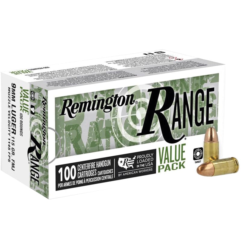 Remington Range 9mm 115 gr FMJ 100rds Handgun Ammo for Reliable Training and Practice - R23979 - Remington
