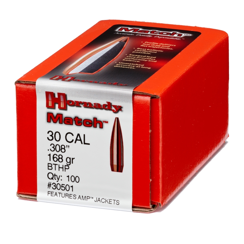 Hornady 30 Cal  (.308) 168 gr Match BTHP Bullets, 100 Count - 30501 - Hornady