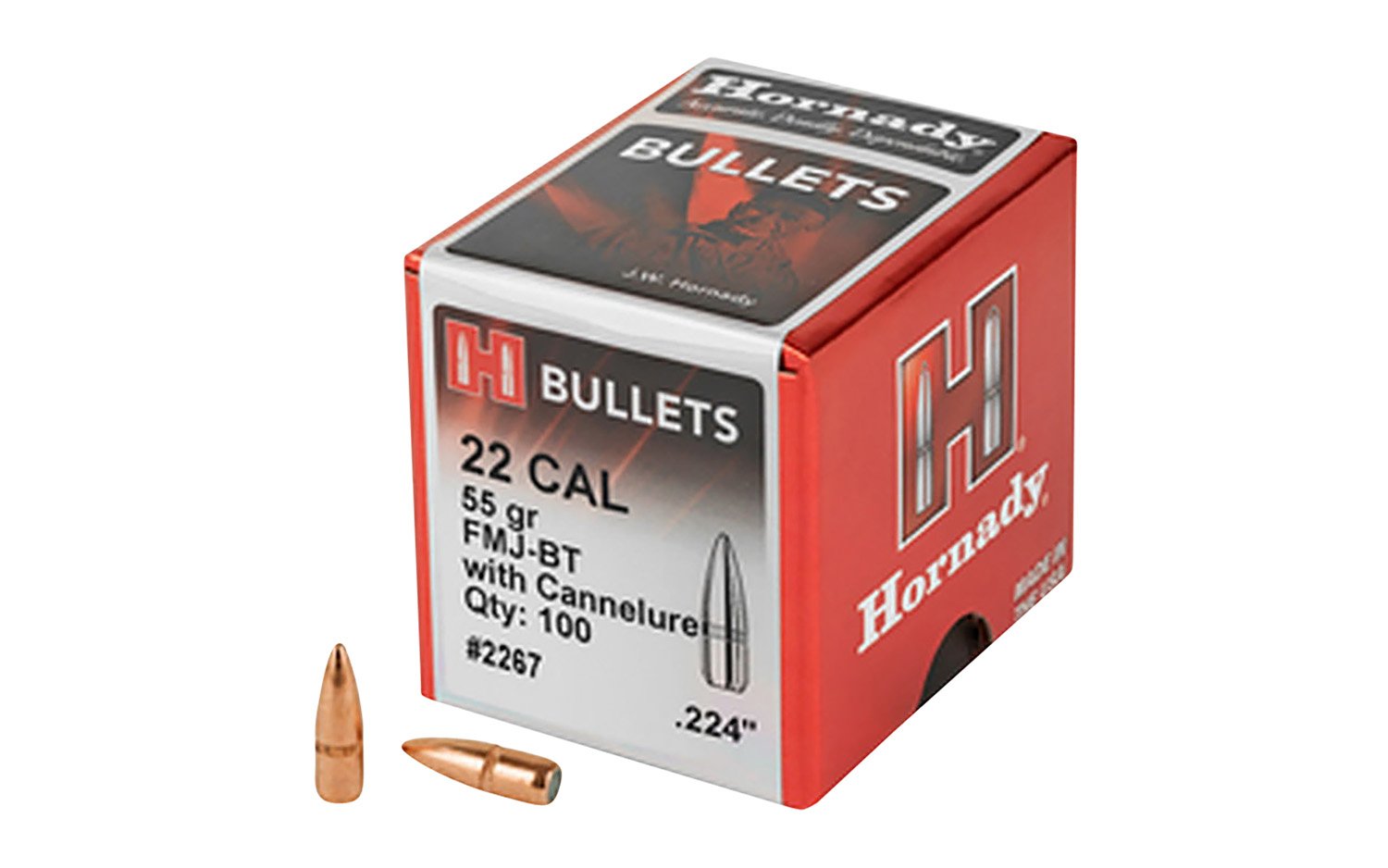 Hornady 22 Cal (.224) FMJ-BT Bullets w/c - 55gr - 100ct -2267 - Hornady