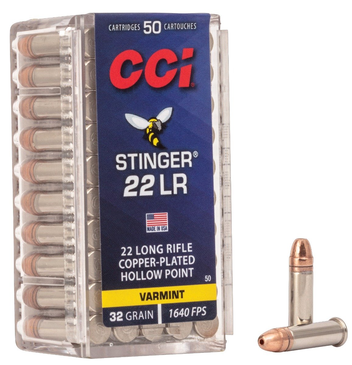 CCI .22 Long Rifle 32gr Copper Plated HP Stinger Ammunition 50rds - 0050