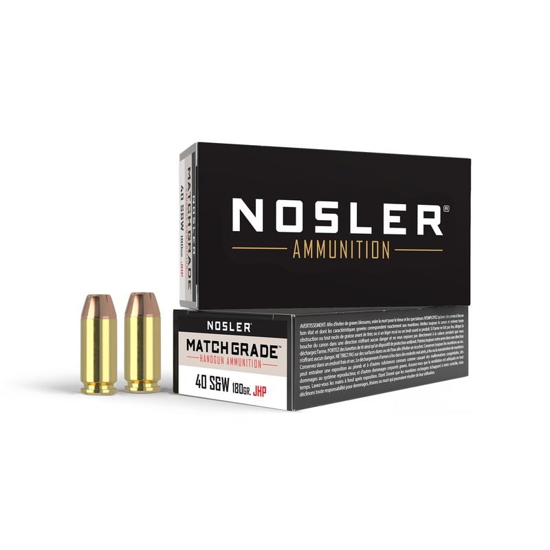 Nosler Match Grade 40 S&W 180 grain Jacketed Hollow Point Handgun Ammo, 50/Box - 51212 - Nosler