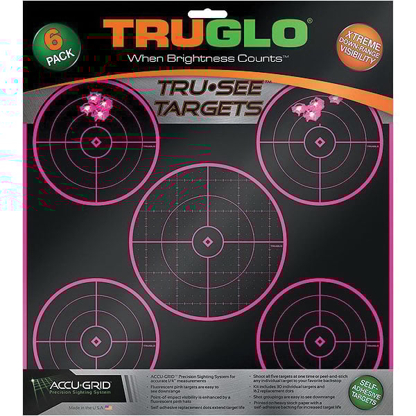 TruGlo Tru See 12" x 12" Splatter Self-Adhesive Silhouette 5-Bullseye Target, Pink/Black, 6/pack - TG11P6 - Truglo