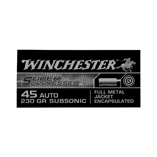 Winchester .45 Auto/ACP 230gr FMJ Super Suppressed Ammo, 50 Rounds - SUP45 - Winchester