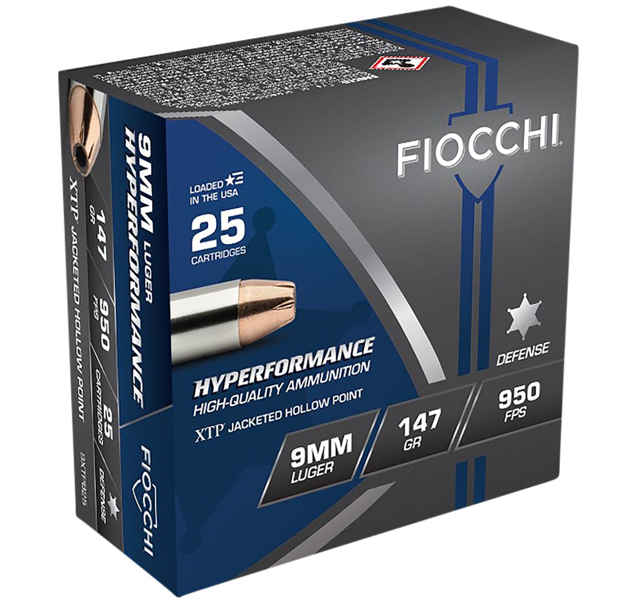 Fiocchi Hyperformance Defense 9mm Luger 147gr XTP JHP Ammo, 25rds - 9XTPB25