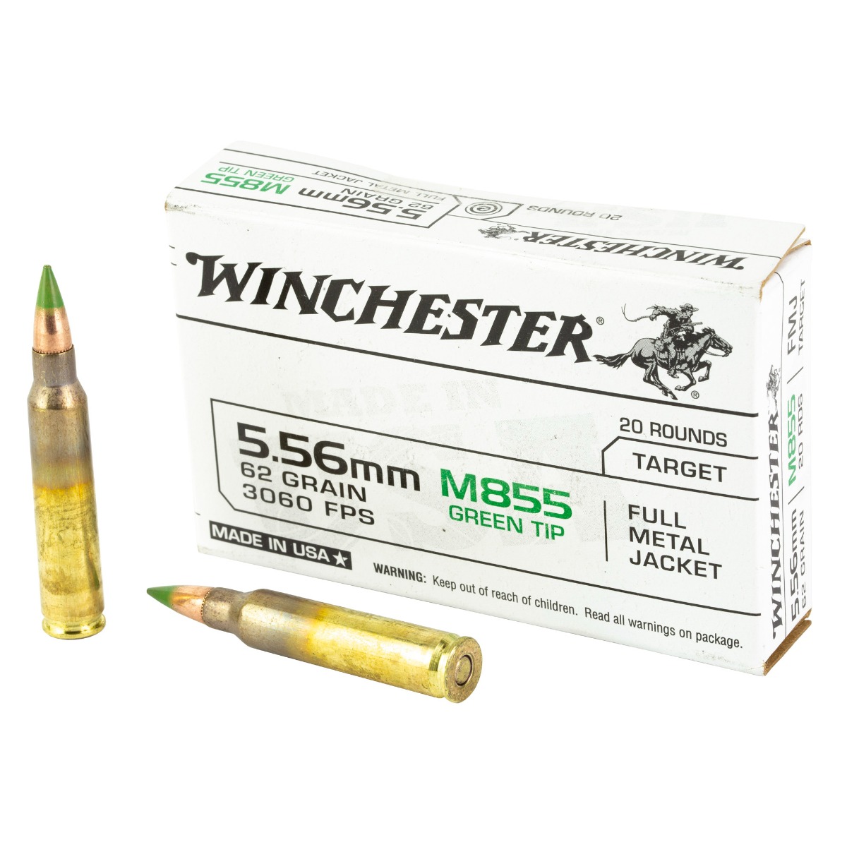 Winchester M855 62 gr FMJ Green Tip 5.56x45mm Ammunition 20 Rounds - USA855K - Winchester