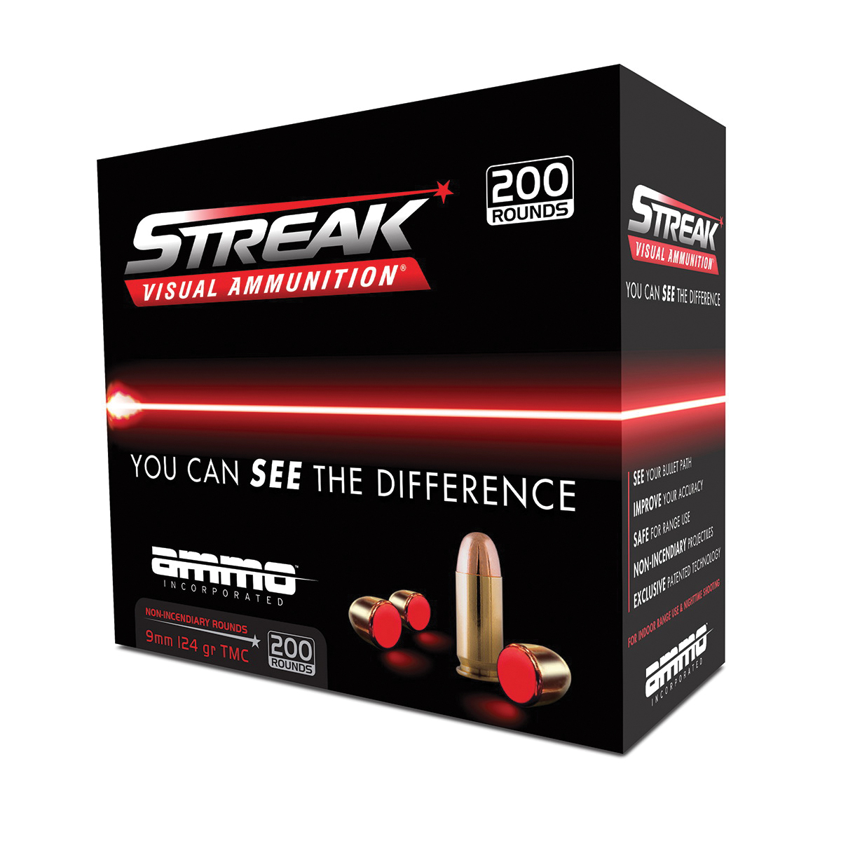 Ammo Inc STREAK Red 9mm Ammo 124 Grain TMC, 200rds - Ammo Inc