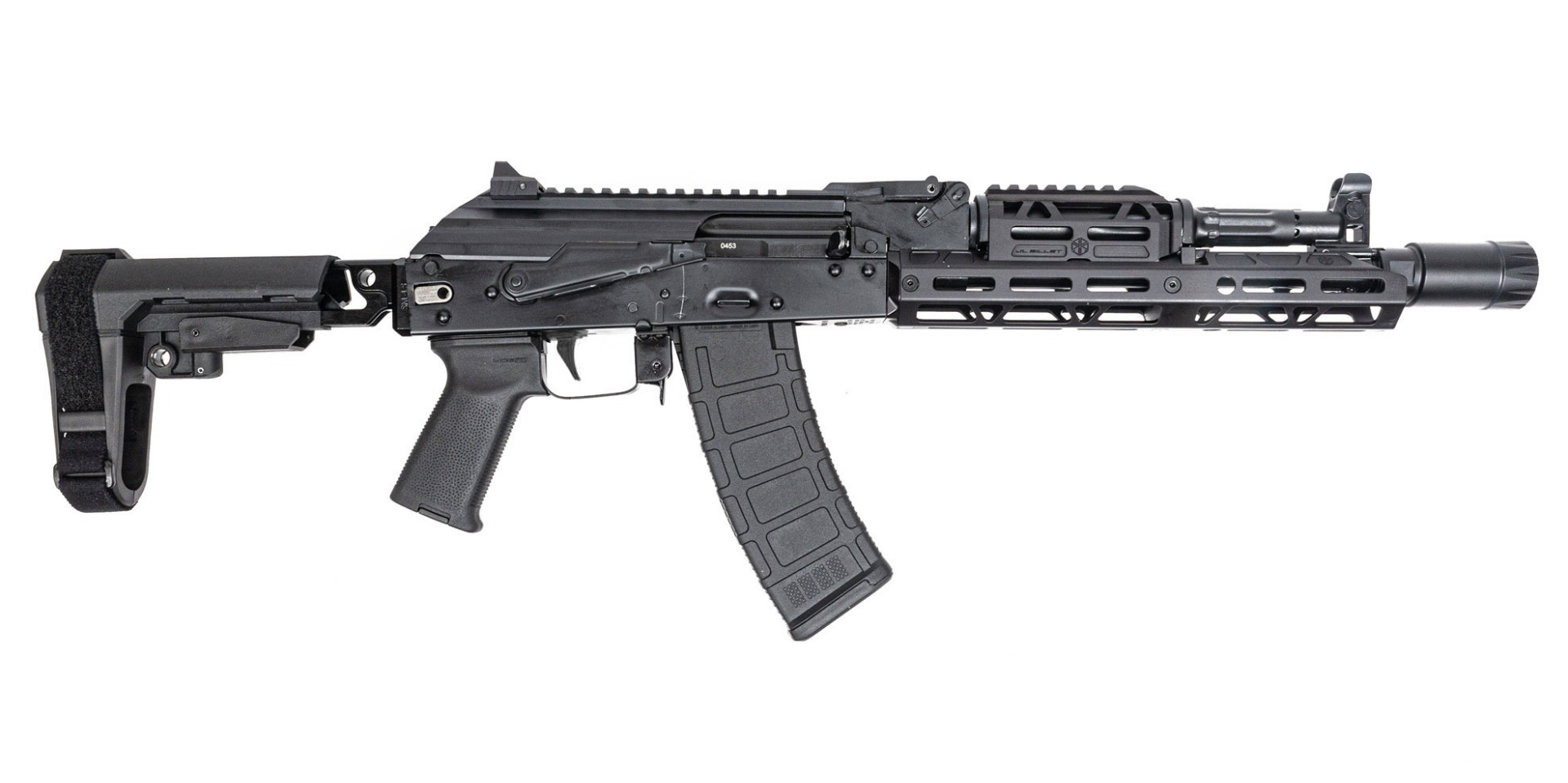 PSA AK-105 Pistol w/ SBA3 Brace, JL Billet Rail, Hinged Dustcover, Toolcraft Trunnion, Bolt, and Carrier, Black - Palmetto State Armory