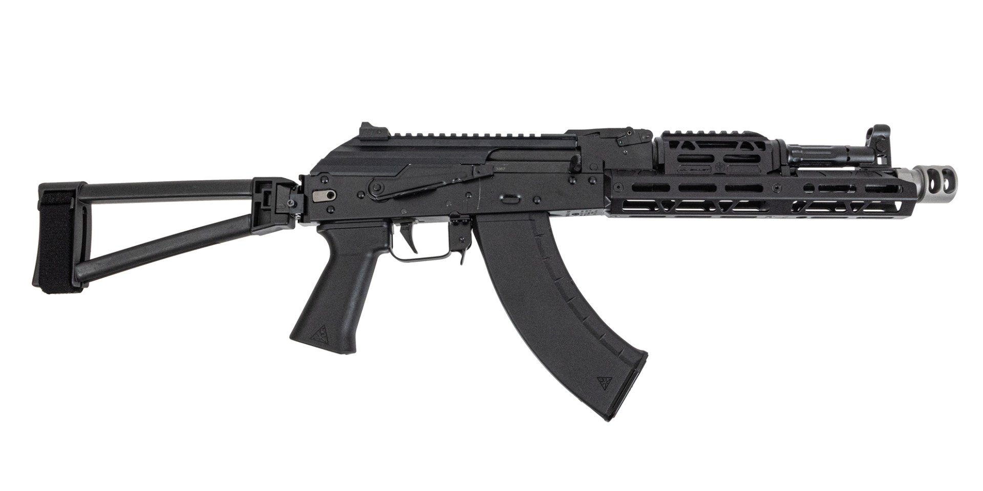 PSA AK-104 Triangle Side Folding Pistol with JL Billet Rail, Picatinny Railed Dust Cover, Soviet Arms Grip, and SA-2 Muzzle Brake - Palmetto State Armory