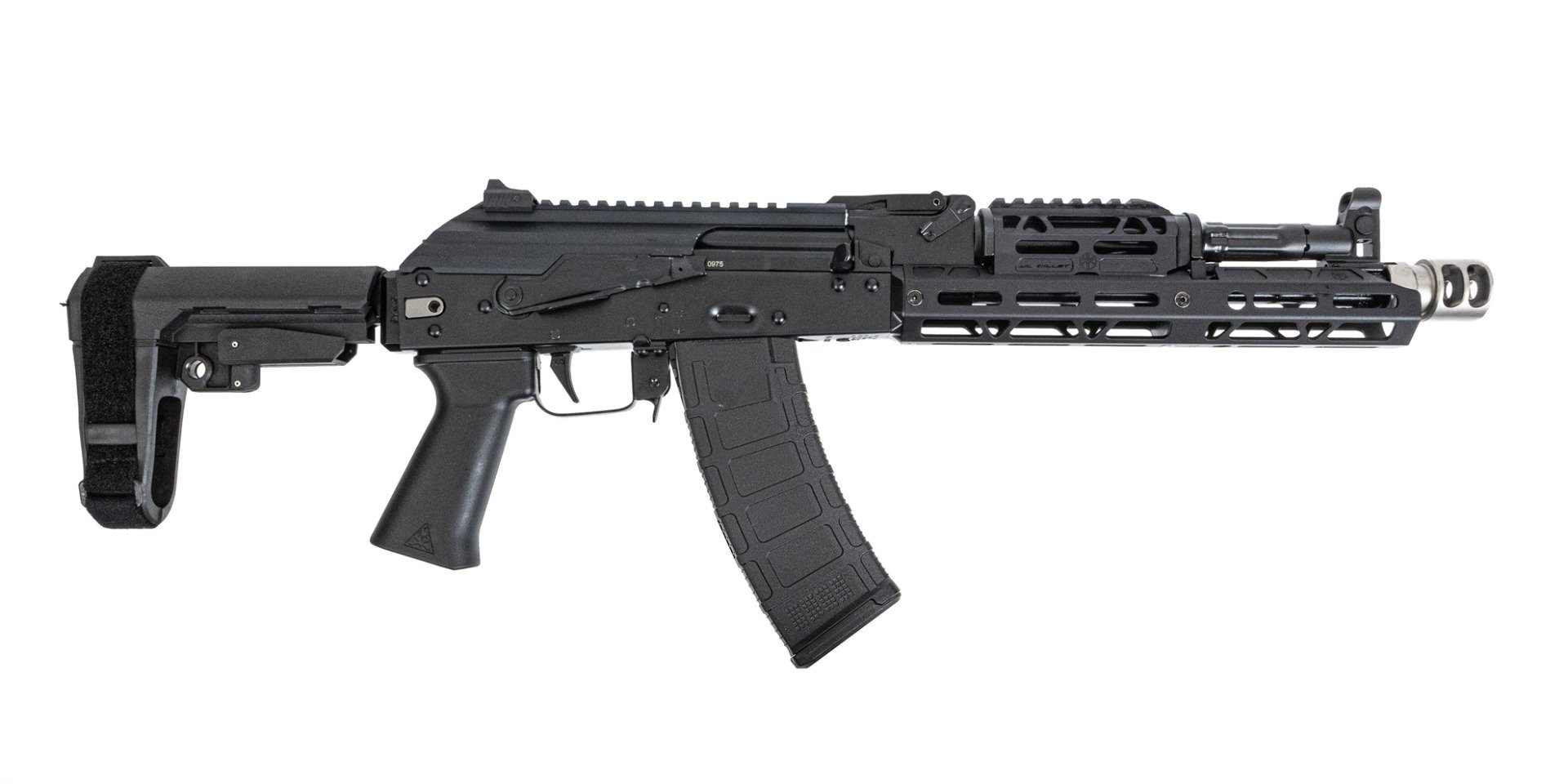 PSA AK-105 Pistol w/ SBA3 Brace, with Soviet Arms Grip, SA-2 Muzzle Brake, Toolcraft Trunnion, Bolt, and Carrier, Black - Palmetto State Armory