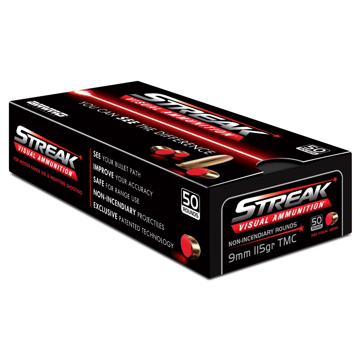 Ammo Inc STREAK Red 9mm Ammo 115 Grain TMC, 50rds - STRK9115TMC-50 - Ammo Inc