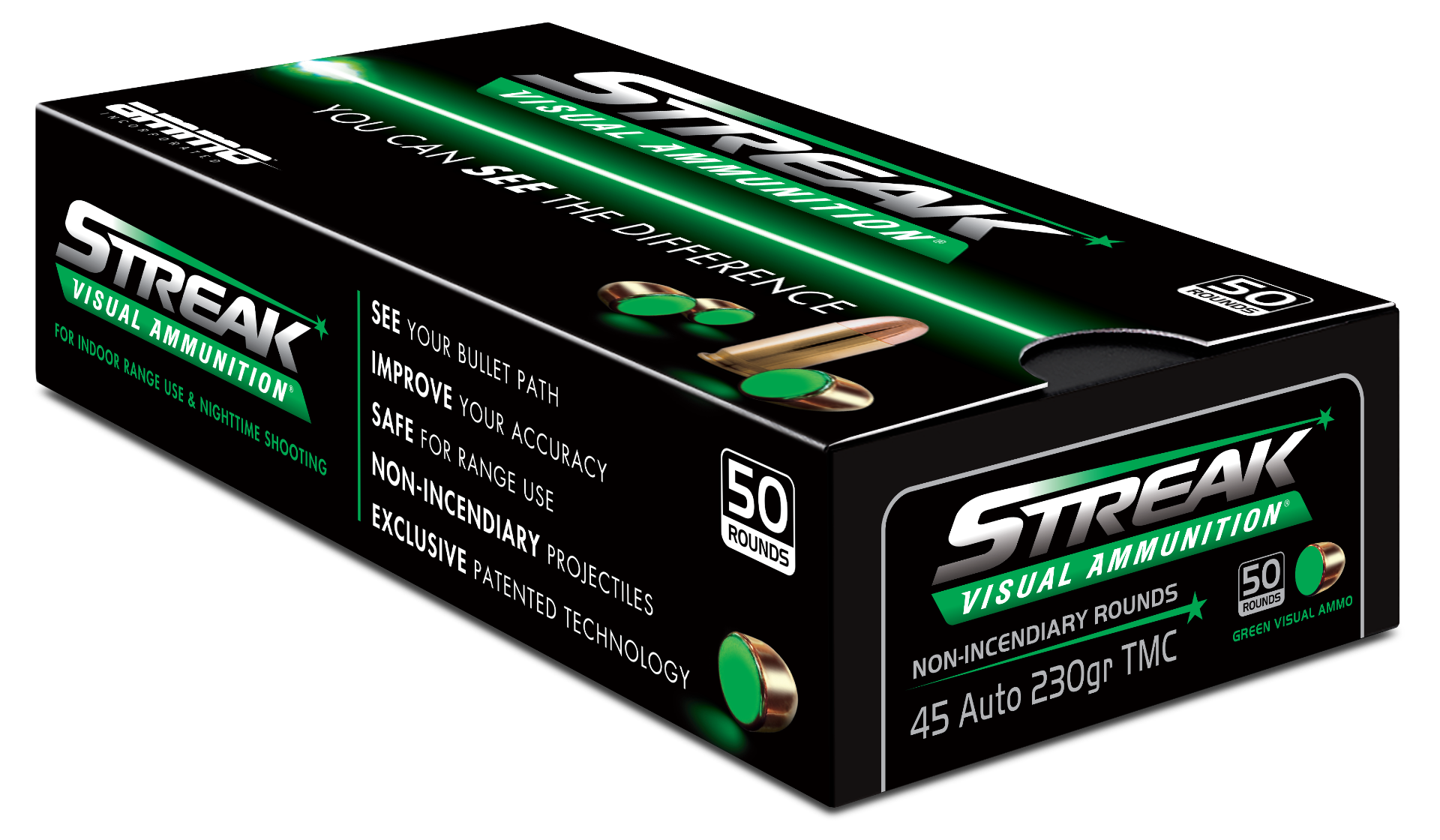 Ammo Inc STREAK .45 ACP Ammo 230gr TMC Green, 50rds - 45230TMC-STRK-GRN-50 - Ammo Inc